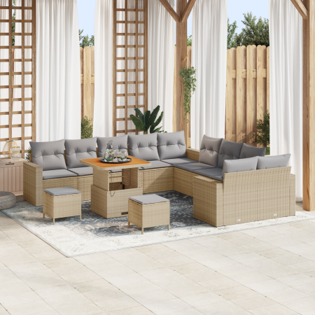 Conjunto de sofá de jardín de 13 piezas con cojines Beige Ratán Poli Acacia de , Sofás de exterior - Ref: Foro24-3361672, Pre...