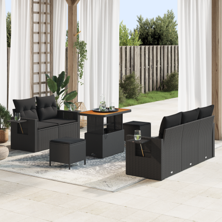 Conjunto de sofá de jardín de 8 piezas con cojines negro de ratán poli y acacia de , Sofás de exterior - Ref: Foro24-3361689,...
