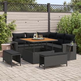 Set de Sofá de Jardín de 8 Piezas con Cojines Negro Ratán Polialídico Acacia de , Sofás de exterior - Ref: Foro24-3361734, Pr...