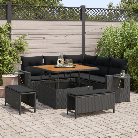 Set de Sofá de Jardín de 8 Piezas con Cojines Negro Ratán Polialídico Acacia de , Sofás de exterior - Ref: Foro24-3361734, Pr...