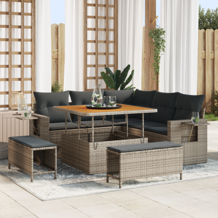 Conjunto de Sofá de Jardín de 8 Piezas con Cojines Gris Poliratán Acacia | Foro24.es | Tu tienda online para hogar, jardín y más Foro24.es