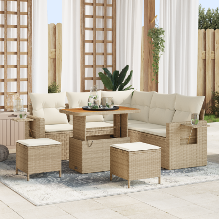Juego de Sofás de Jardín de 8 Piezas con Cojines Beige Ratán Poliéster Acacia de , Sofás de exterior - Ref: Foro24-3361746, P...