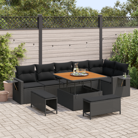 Conjunto de Sofás de Jardín de 9 Piezas con Cojines Ratán Poliéster Negro Acacia de , Sofás de exterior - Ref: Foro24-3361754...