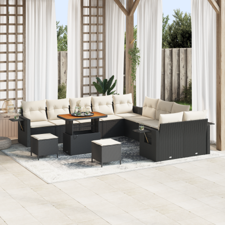 Juego de sofá de jardín de 13 piezas  con cojines de ratán negro y acacia | Foro24.es | Tu tienda online para hogar, jardín y más Foro24.es