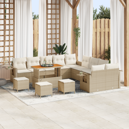 Juego de Sofá de Jardín de 14 Piezas con Cojines de Poliratán Beige Acacia | Foro24.es | Tu tienda online para hogar, jardín y más Foro24.es