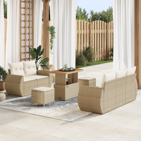 Juego de Sofá de Jardín de 8 Piezas con Cojines Beige Ratán Poliéster Acacia de , Sofás de exterior - Ref: Foro24-3361821, Pr...