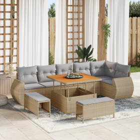 Conjunto de Sofá de Jardín de 9 Piezas con Cojines Beige Ratán Poyl Acacia de , Sofás de exterior - Ref: Foro24-3361887, Prec...