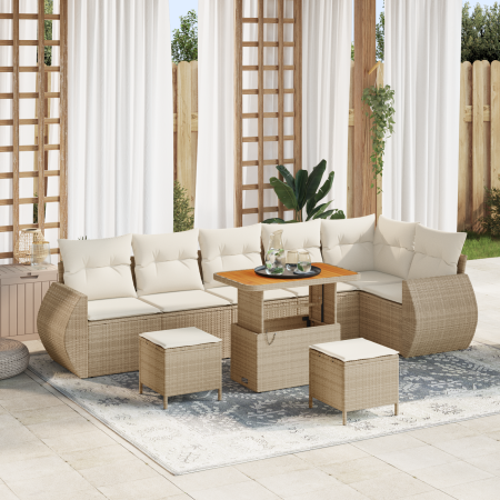 Conjunto de Sofá de Jardín de 9 Piezas Con Cojines Beige Ratán Poli Acacia de , Sofás de exterior - Ref: Foro24-3361896, Prec...