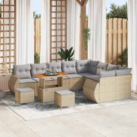 Set de Sofá de Jardín de 12 Piezas con Cojines Beige de Rattan Poliéster Acacia de , Sofás de exterior - Ref: Foro24-3361917,...