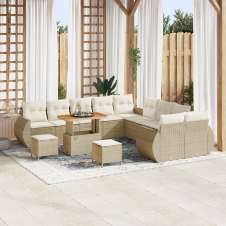 Conjunto de Sofá de Jardín de 13 Piezas con Cojines Beiges de Ratán Poliéster Acacia de , Sofás de exterior - Ref: Foro24-336...