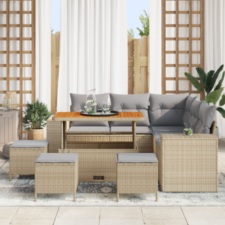 Juego de Sofá de Jardín de 9 Piezas con Cojines Beige en Ratán Poliéster Acacia de , Sofás de exterior - Ref: Foro24-3362012,...