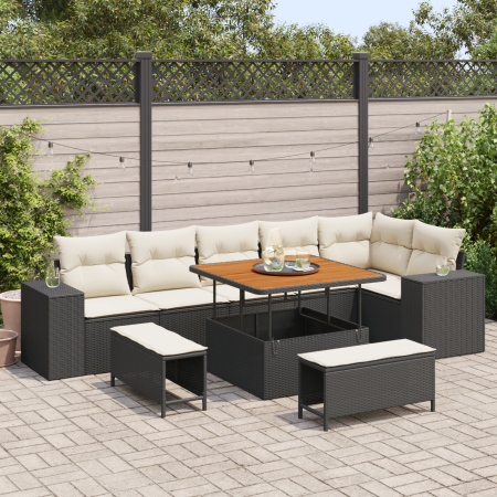 Conjunto de Sofás de Jardín de 9 piezas con cojines de Poliratán Negro Acacia de , Sofás de exterior - Ref: Foro24-3362015, P...