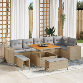 Set de Sofá de Jardín de 9 Piezas con Cojines Beige Poliratán Acacia de , Sofás de exterior - Ref: Foro24-3362017, Precio: 67...