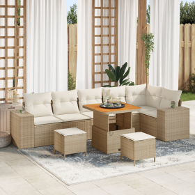 Conjunto de Sofá de Jardín de 9 Piezas con Cojines Beige Poliratán Acacia de , Sofás de exterior - Ref: Foro24-3362021, Preci...