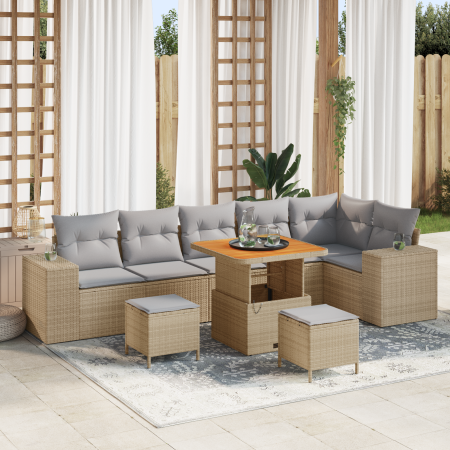 Juego de Sofá de Jardín de 9 Piezas con Cojines Beige Ratán Poli Acacia de , Sofás de exterior - Ref: Foro24-3362022, Precio:...