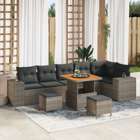 Juego de Sofá de Jardín de 9 Piezas con Cojines de Poliratán Gris Acacia de de , Sofás de exterior - Ref: Foro24-3362023, Pre...