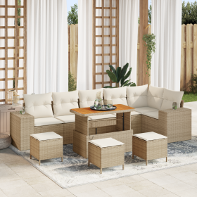 Juego de Sofá de Jardín de 10 Piezas con Cojines Beige Ratán Poliéster Acacia de , Sofás de exterior - Ref: Foro24-3362031, P...