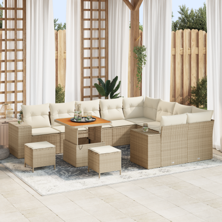 Conjunto de Sofás de Jardín de 12 Piezas con Cojines Beige de Ratán Polímero y Acacia de , Sofás de exterior - Ref: Foro24-33...