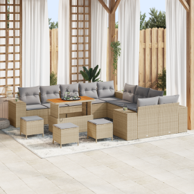 Conjunto de Sofá de Jardín de 14 Piezas con Cojines Beige Ratán Poliéster Acacia de , Sofás de exterior - Ref: Foro24-3362072...
