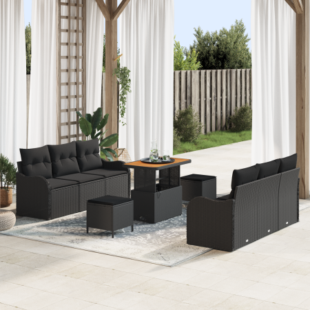 Conjunto de Sofá de Jardín de 9 Piezas con Cojines Negro Poliratán Acacia de , Sofás de exterior - Ref: Foro24-3362219, Preci...