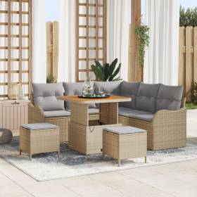 Juego de Sofá de Jardín de 8 Piezas con Cojines Beige de Ratán Poliratan Acacia