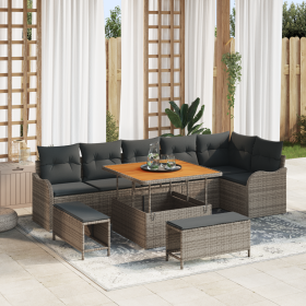 Conjunto de Sofá de Jardín de 9 Piezas con Cojines Gris Poliratán Acacia