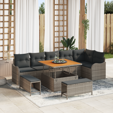 Conjunto de Sofá de Jardín de 9 Piezas con Cojines Gris Poliratán Acacia | Foro24.es | Tu tienda online para hogar, jardín y más Foro24.es