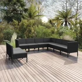 Set de muebles de jardín 9 pzas cojines ratán sintético negro de vidaXL, Conjuntos de jardín - Ref: Foro24-3094469, Precio: 7...