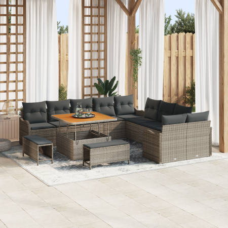 Conjunto de Sofás de Jardín de 13 Piezas con Cojines Gris Ratán Poliéster Acacia | Foro24.es | Tu tienda online para hogar, jardín y más Foro24.es