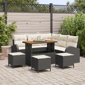 Conjunto de sofá de jardín de 9 piezas con cojines Ratán sintético negro Acacia