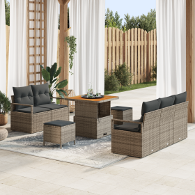 Juego de Sofá para Jardín  de 8 Piezas con Cojines Gris Poliratán Acacia