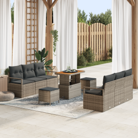 Conjunto de Sofá de Jardín de 9 Piezas con Cojines Gris Poliratán Acacia