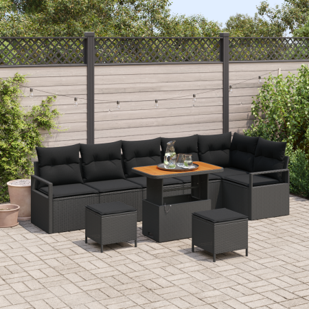 Conjunto de Sofá de Jardín de 9 Piezas con Cojines de Ratan Poliéster Negro Acacia de , Sofás de exterior - Ref: Foro24-33625...