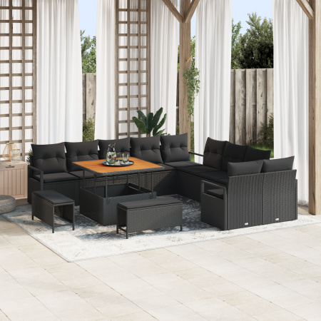 Conjunto de Sofá de Jardín  de 13 Piezas con Cojines Negro Poliratán Acacia | Foro24.es | Tu tienda online para hogar, jardín y más Foro24.es