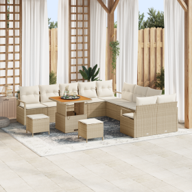 Juego de Sofás de Jardín de 13 Piezas con Cojines Beige Poliratán Acacia