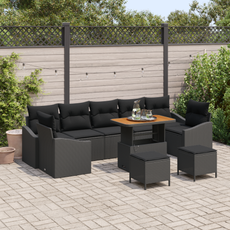Conjunto de Sofás de Jardín de 10 Piezas  con Cojines Ratán Poliéster Negro Acacia | Foro24.es | Tu tienda online para hogar, jardín y más Foro24.es