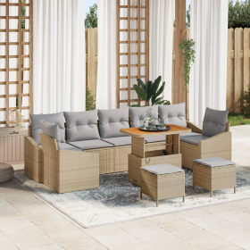 Juego de Sofá de Jardín de 10 Piezas con Cojines Beige Ratán Poliacacia