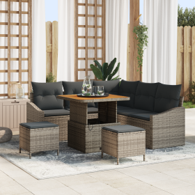 Conjunto de Sofás de Jardín  de 8 Piezas con Cojines Gris Ratán PE Acacia