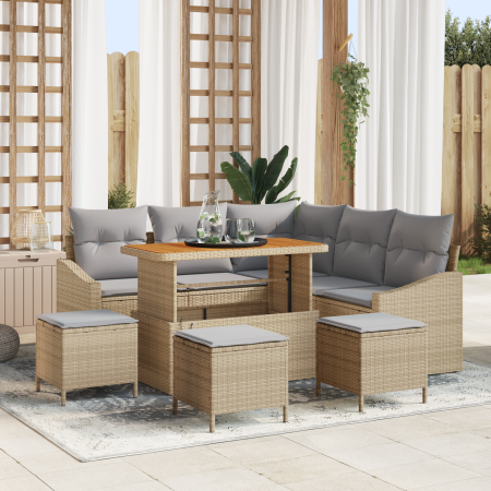 Juego de Sofá de Jardín de 9 Piezas con Cojines Beige Ratán Poliéster Acacia | Foro24.es | Tu tienda online para hogar, jardín y más Foro24.es