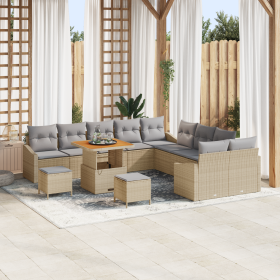 Juego de sofá de jardín  de 13 piezas con cojines Beige Ratán Poliéster Acacia