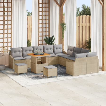 Juego de sofá de jardín  de 13 piezas con cojines Beige Ratán Poliéster Acacia | Foro24.es | Tu tienda online para hogar, jardín y más Foro24.es