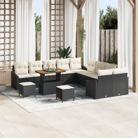 Conjunto de sofá de jardín de 13 piezas con cojines negros de ratán y acacia de , Sofás de exterior - Ref: Foro24-3362715, Pr...