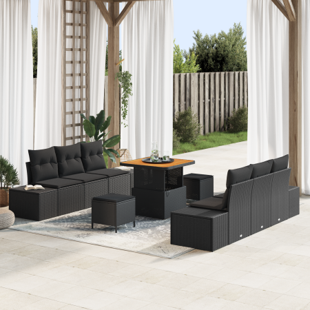 Juego de Sofá de Jardín de 9 Piezas con Cojines Ratán Negro Acacia | Foro24.es | Tu tienda online para hogar, jardín y más Foro24.es