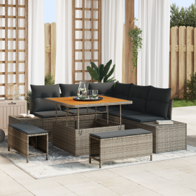 Juego de Sofás de Jardín de 8 Piezas con Cojines Gris Ratán Poliéster Acacia de , Sofás de exterior - Ref: Foro24-3362778, Pr...
