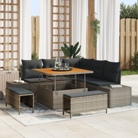 Juego de Sofás de Jardín de 8 Piezas con Cojines Gris Ratán Poliéster Acacia | Foro24.es | Tu tienda online para hogar, jardín y más Foro24.es