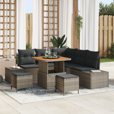 Conjunto de Sofás de Jardín de 8 Piezas con Cojines Gris Ratán Poliéster Acacia | Foro24.es | Tu tienda online para hogar, jardín y más Foro24.es