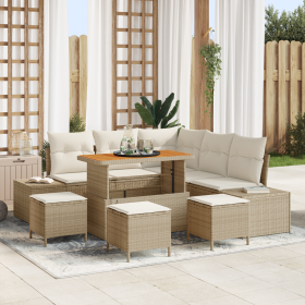 Set de Sofás de Jardín de 9 Piezas con Cojines Beige Ratán Polivinílico Acacia