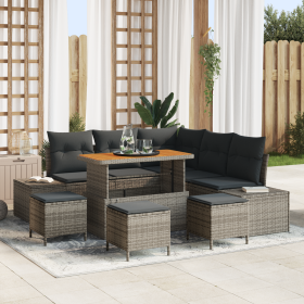 Sofá de Jardín de 9 Piezas con Cojines Gris Ratán Poliéster de , Sofás de exterior - Ref: Foro24-3362793, Precio: 600,60 €