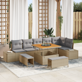 Juego de Sofá de Jardín de 9 Piezas con Cojines Beige Poliratán Acacia
