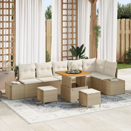 Conjunto de Sofá de Jardín de 9 Piezas con Cojines Beige Ratán Poliéster Acacia de , Sofás de exterior - Ref: Foro24-3362801,...